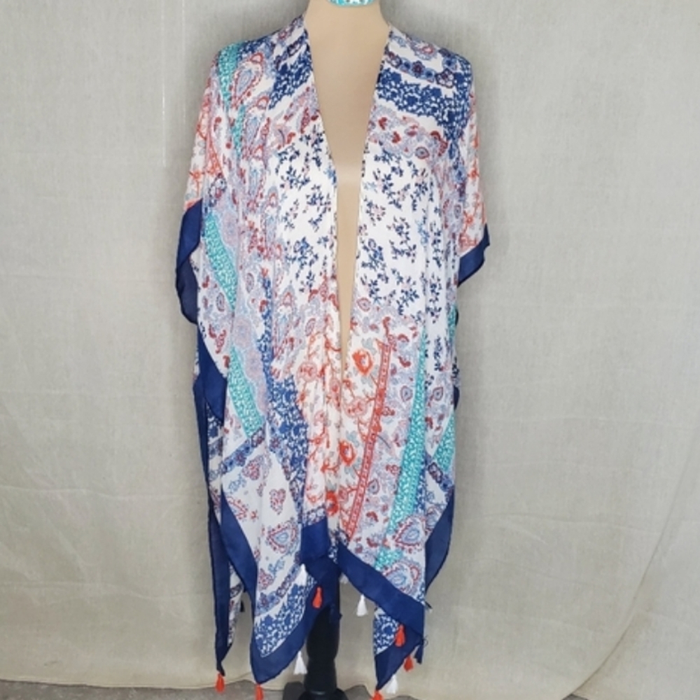 ♧ Open Patchwork Wrap with Tassels Blue Orange Teal & Cream One Size Viscose